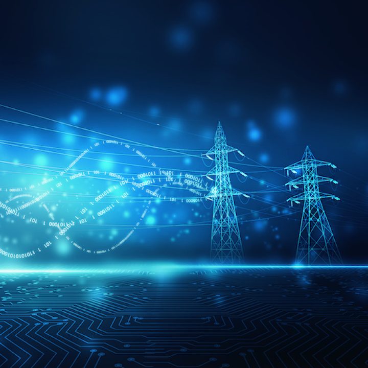 High power electricity poles on technology abstract background. Energy supply, distribution of energy, transmitting energy, energy transmission, high voltage supply concept